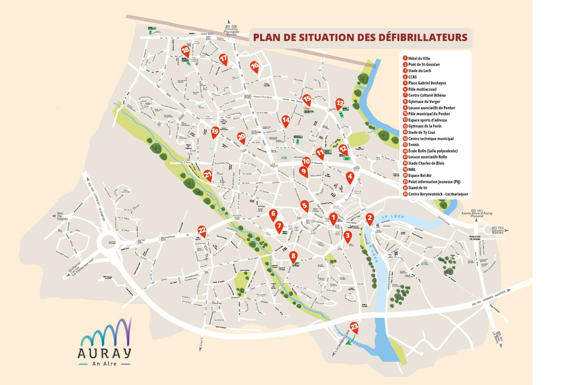 Plan situation des défibrillateurs à Auray